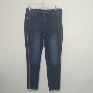 Earl - Women's Skinny Ankle Blue Jeans with Red Stripe - Size 14
